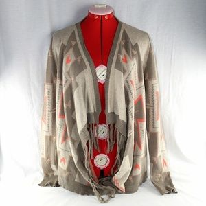 Vanity fuzzy tribal design fringe cardigan
